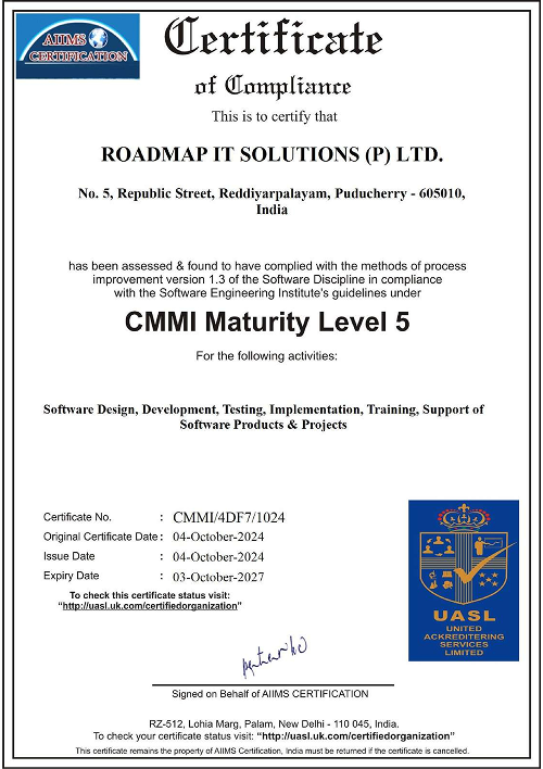 CMMI Level 5  ROADMAP IT SOLUTIONS PVT LTD